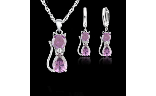 Fine Jewelry Set Purple Pure 925 Sterling Silver Cute Cat Shaped Necklace and Earrings